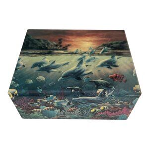 Vintage Cedar Dolphin Reef Wooden Keepsake Box Panama City Beach Florida Souveni